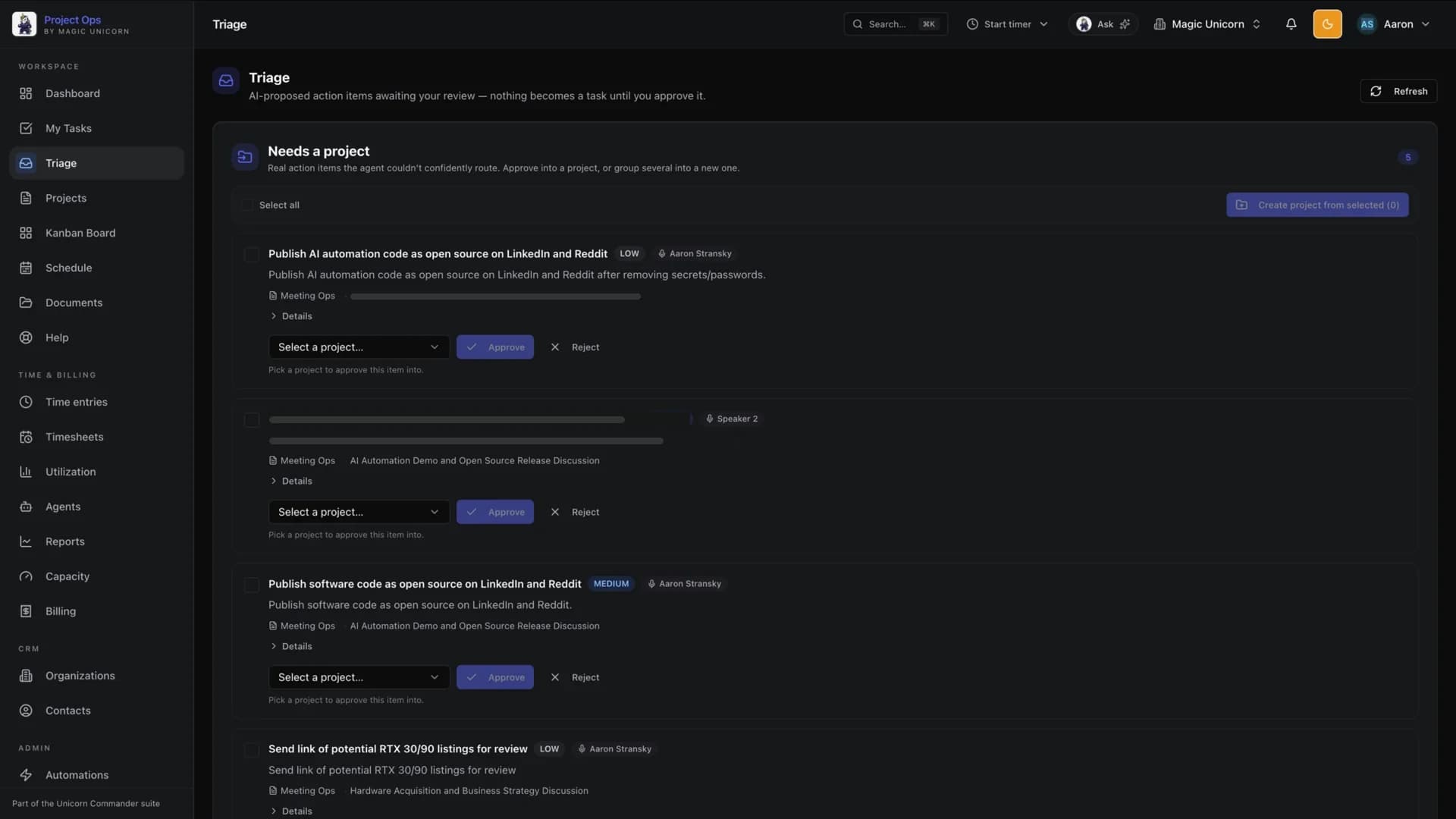 A human approval gate on AI action items.