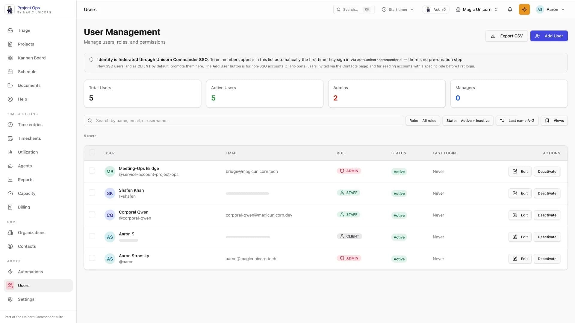 Project-Ops user management with SSO federation, roles, and status across the team